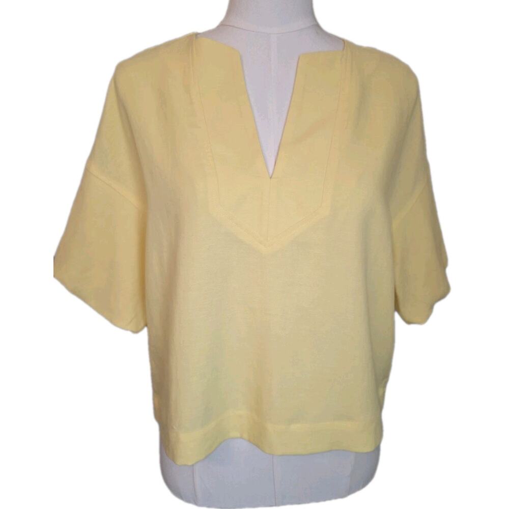 NWT S Women's Short Sleeve V-Neck Yellow Blouse Linen Blend Worthington MSRP $54